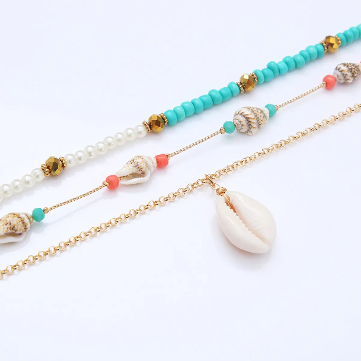 Bohemian Conch Shell Artificial Pearl Turquoise Metal Plating Women's Layered Necklaces