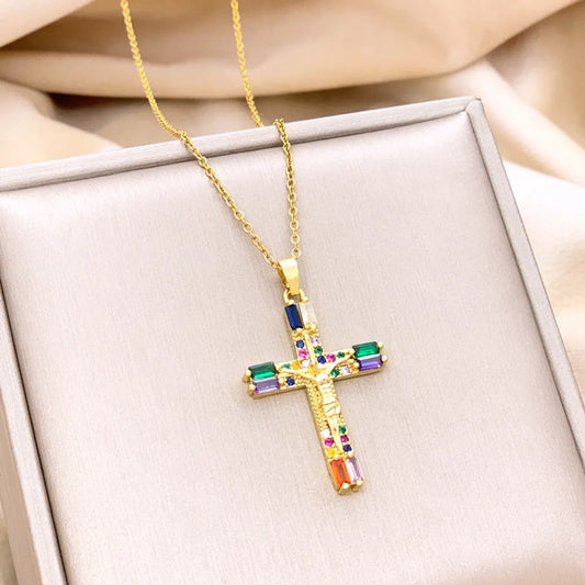 Bohemian Cross Titanium Steel Plating Zircon Pendant Necklace 1 Piece