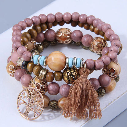 Bohemian Geometric Alloy Wood Beaded Bracelets 1 Set