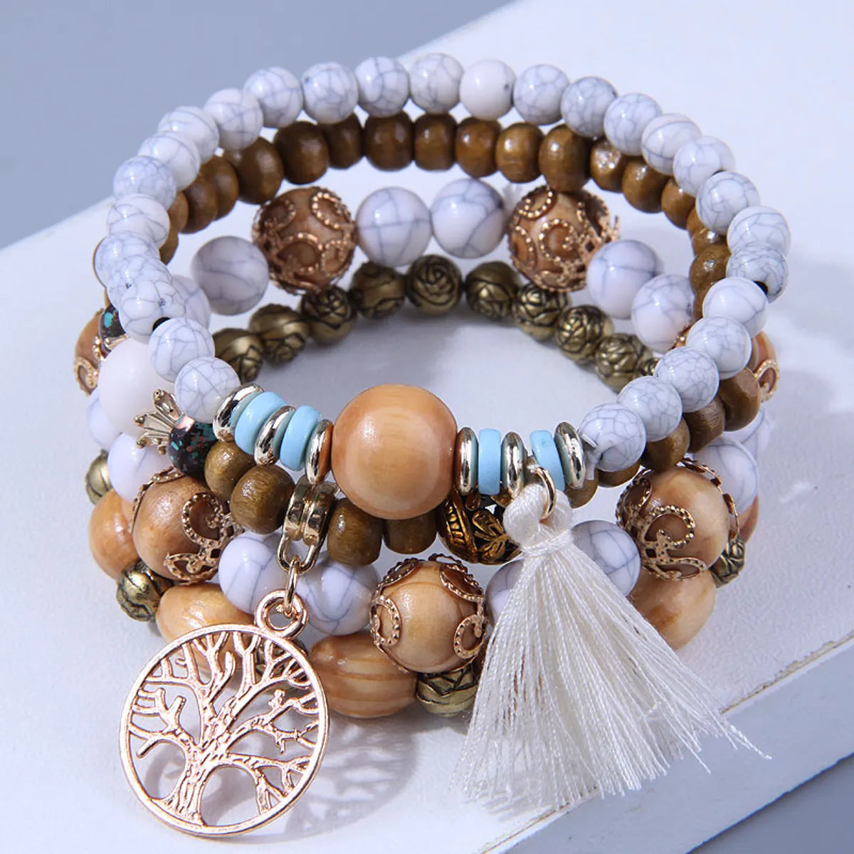 Bohemian Geometric Alloy Wood Beaded Bracelets 1 Set