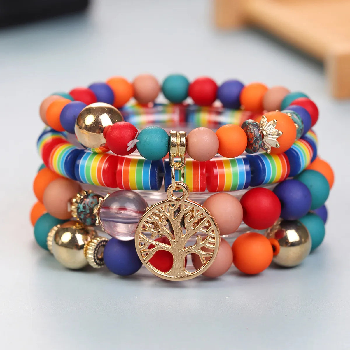 Bohemian Geometric Rainbow Life Tree Arylic Beaded Stoving Varnish Unisex Bracelets