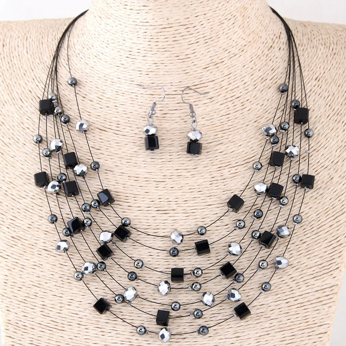 Bohemian Geometric Resin Inlaid Crystal Layered Necklaces Earrings 1 Set