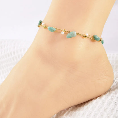 Wholesale Jewelry Bohemian Geometric 304 Stainless Steel Natural Stone 18K Gold Plated Plating Anklet