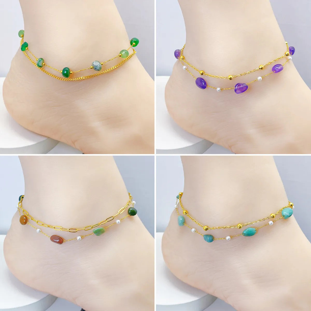 Wholesale Jewelry Bohemian Geometric 304 Stainless Steel Natural Stone 18K Gold Plated Plating Anklet