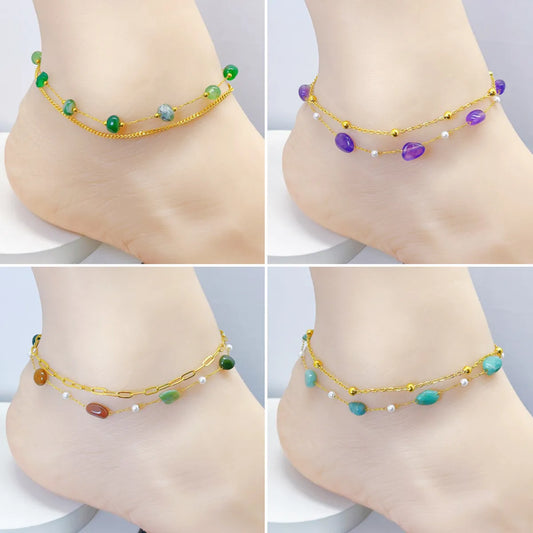 Wholesale Jewelry Bohemian Geometric 304 Stainless Steel Natural Stone 18K Gold Plated Plating Anklet