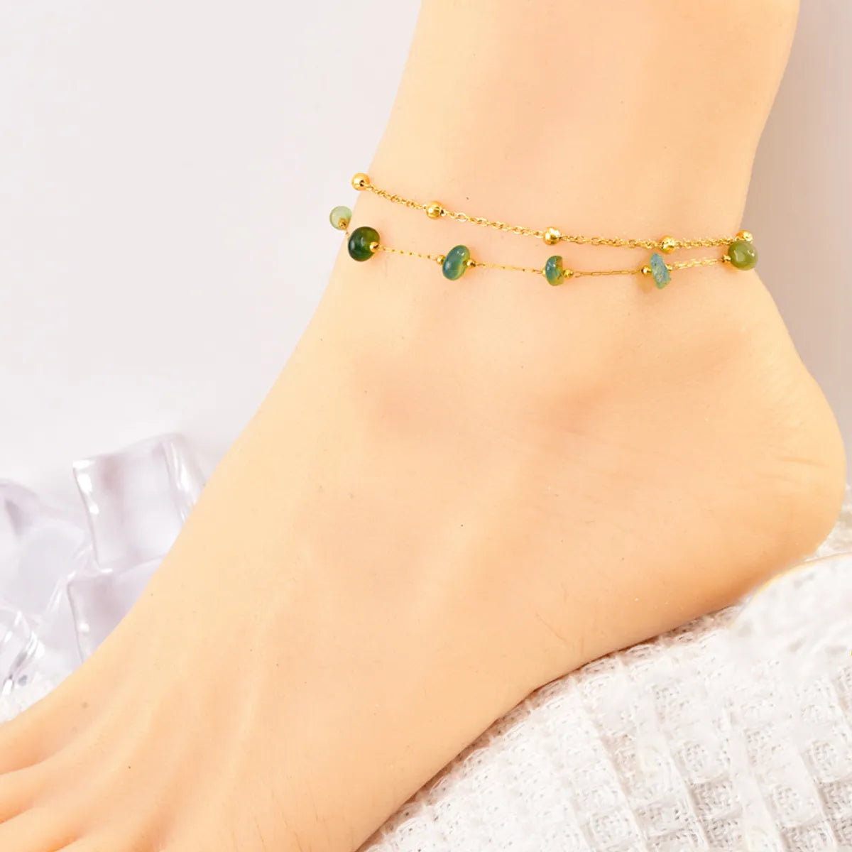 Wholesale Jewelry Bohemian Geometric 304 Stainless Steel Natural Stone 18K Gold Plated Plating Anklet