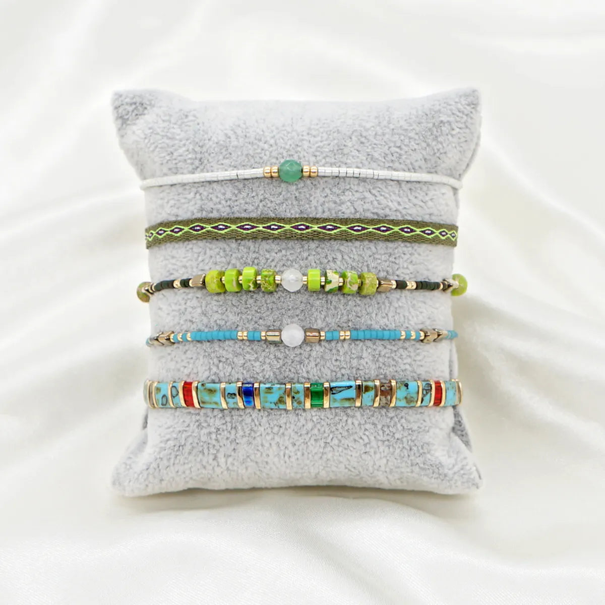 Bohemian Green Tila Beads Hand-beaded Five Stacked Bracelet