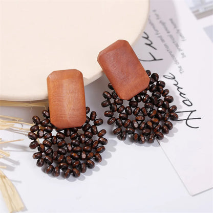 Bohemian Hand-Woven Geometric Wooden Bead Earrings