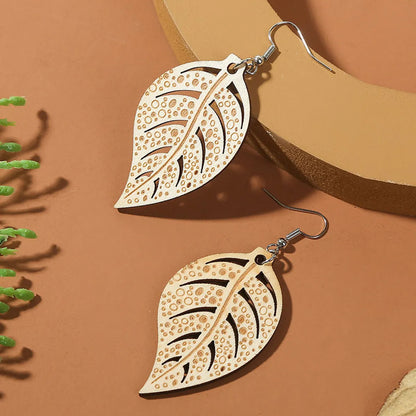 Bohemian Hollow Carved Wood Leaf-shaped Earring