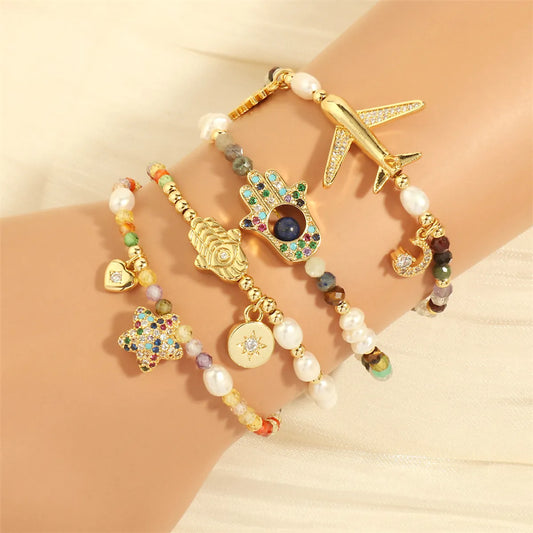 Bohemian Pentagram Hand Of Fatima Airplane Artificial Gemstones Freshwater Pearl Copper 18k Gold Plated Zircon Bracelets In Bulk