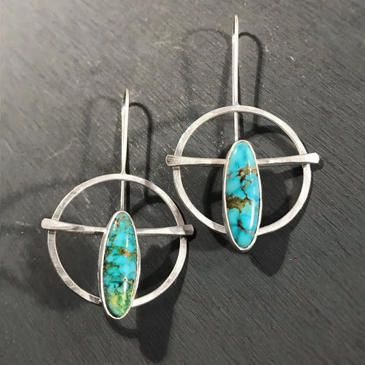 Bohemian Retro Color Turquoise Earrings New Style Beaten Plated Hoop Earrings