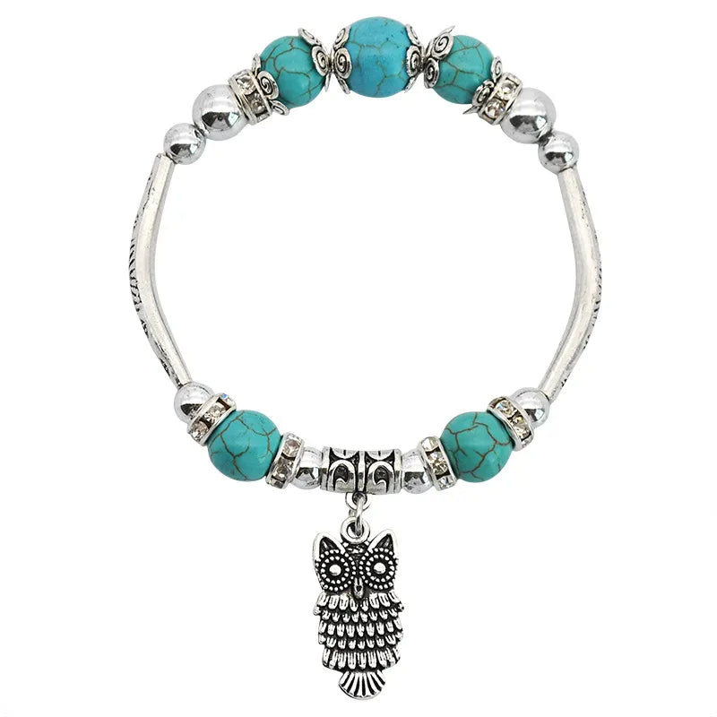 Bohemian Retro Elastic Turquoise Elephant Owl Pendant Bracelet