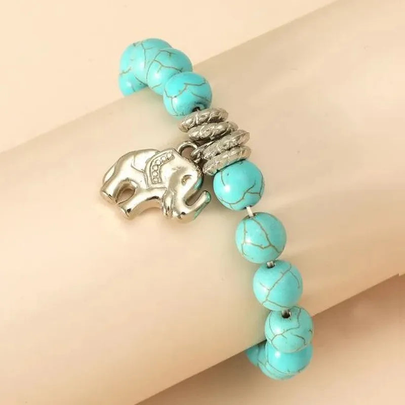 Bohemian Retro Elastic Turquoise Elephant Owl Pendant Bracelet