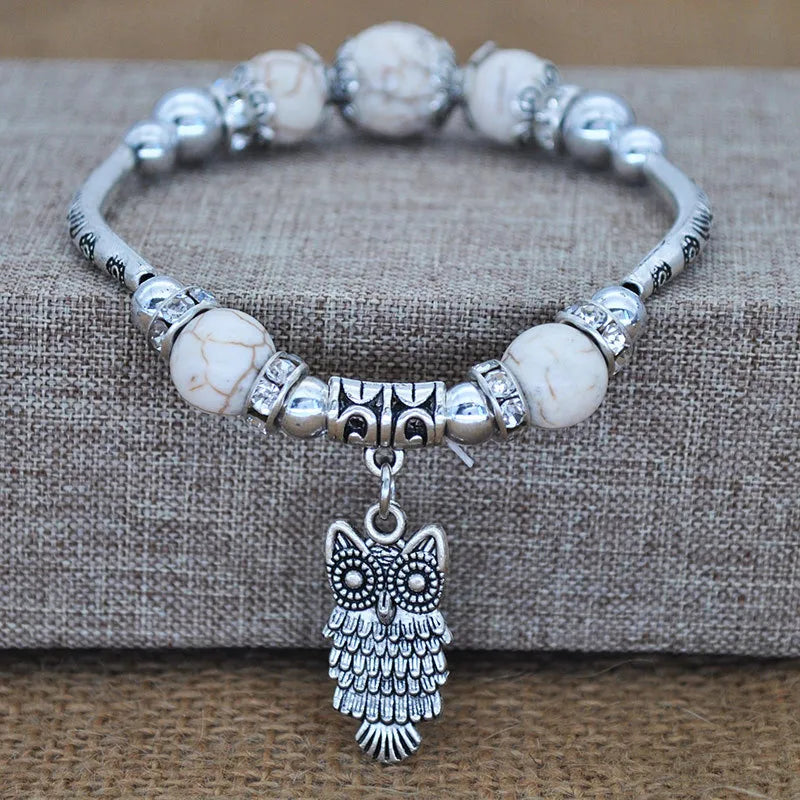 Bohemian Retro Elastic Turquoise Elephant Owl Pendant Bracelet