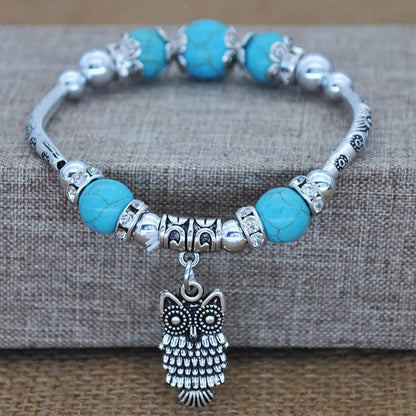 Bohemian Retro Elastic Turquoise Elephant Owl Pendant Bracelet