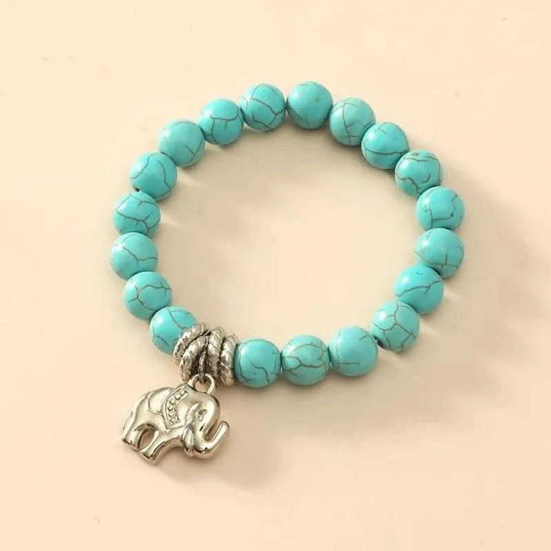 Bohemian Retro Elastic Turquoise Elephant Owl Pendant Bracelet