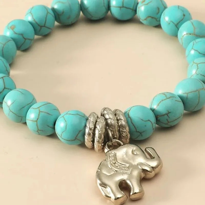 Bohemian Retro Elastic Turquoise Elephant Owl Pendant Bracelet