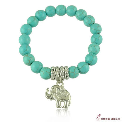 Bohemian Retro Elastic Turquoise Elephant Owl Pendant Bracelet