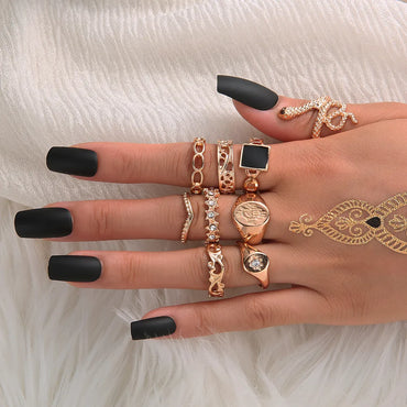 Bohemian Retro Hollow Snake-Shaped Diamond Ring 9-Piece Set