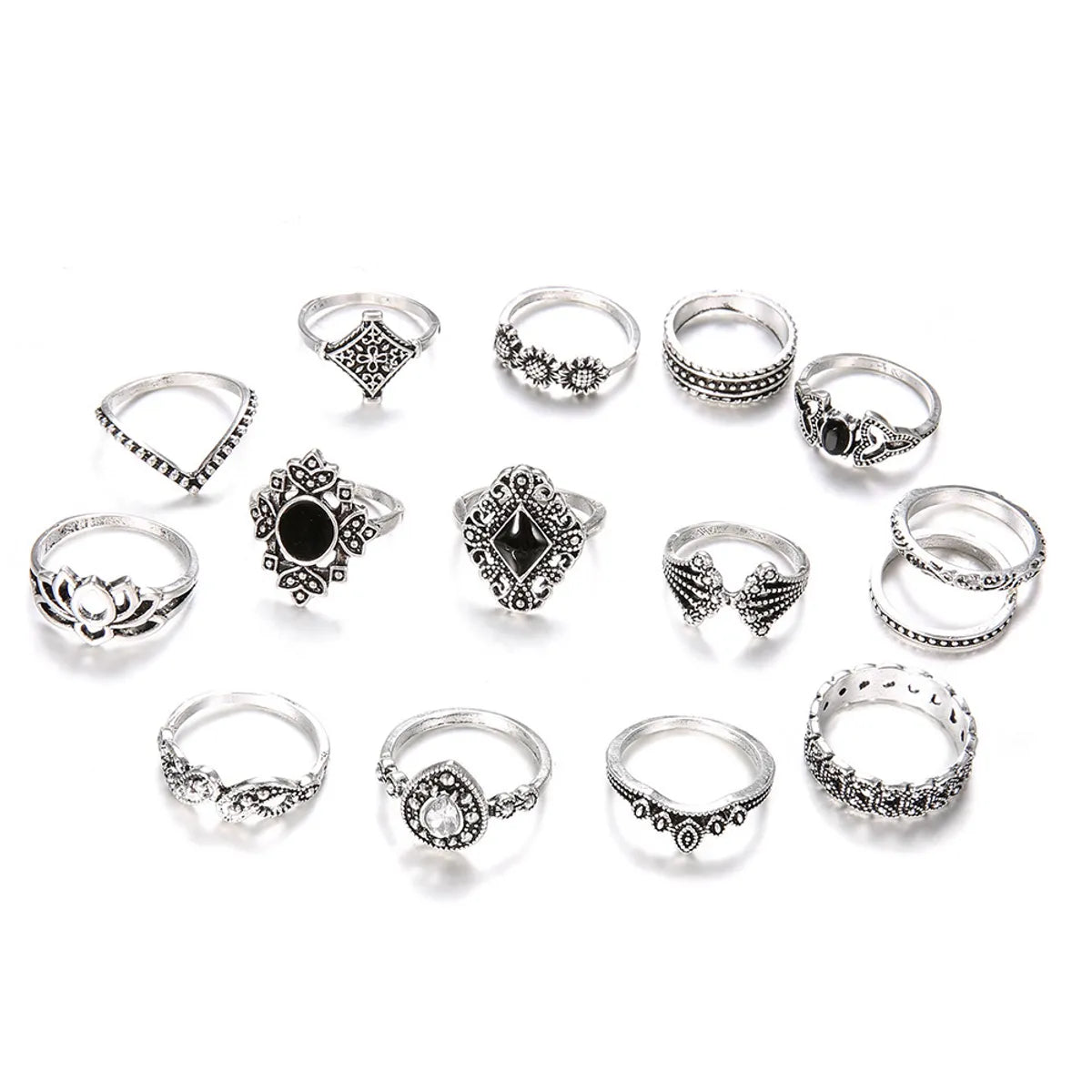 Bohemian Retro Silver Hollow Lotus Gemstone Ring 15-Piece Set