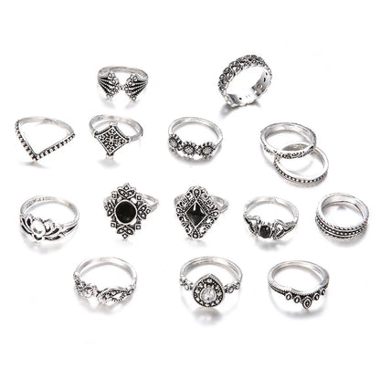 Bohemian Retro Silver Hollow Lotus Gemstone Ring 15-Piece Set