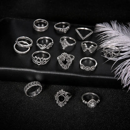 Bohemian Retro Silver Hollow Lotus Gemstone Ring 15-Piece Set