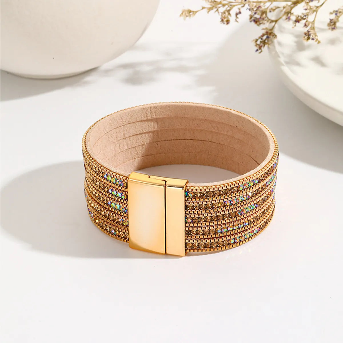 Bohemian Round Pu Leather Alloy Inlay Artificial Crystal Rhinestones Women's Bangle