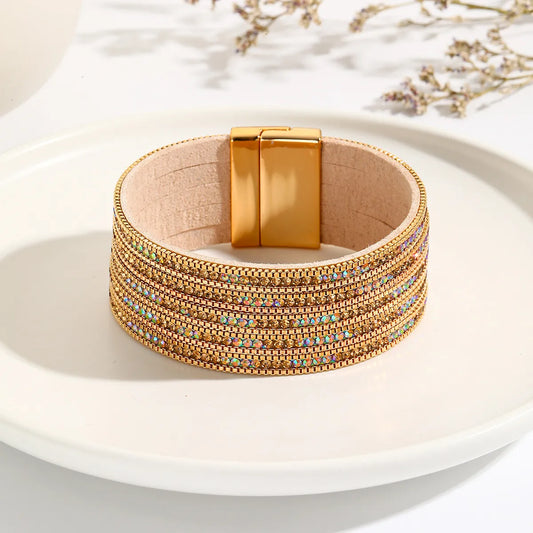 Bohemian Round Pu Leather Alloy Inlay Artificial Crystal Rhinestones Women's Bangle