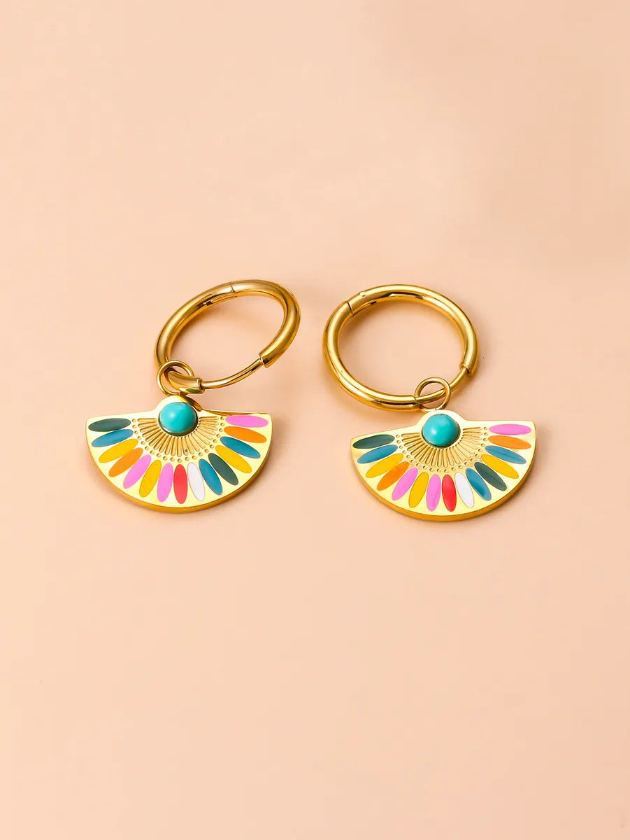 1 Pair Bohemian Sector Enamel Stainless Steel Turquoise Earrings