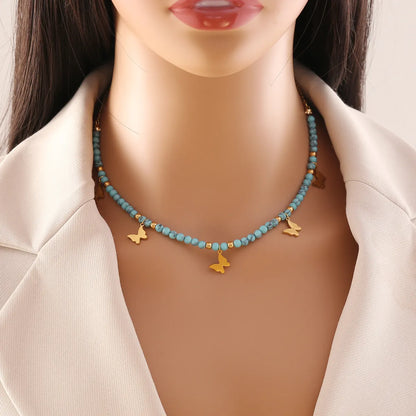 Stainless Steel Turquoise 18K Gold Plated Bohemian Beaded Star Eye Butterfly Pendant Necklace