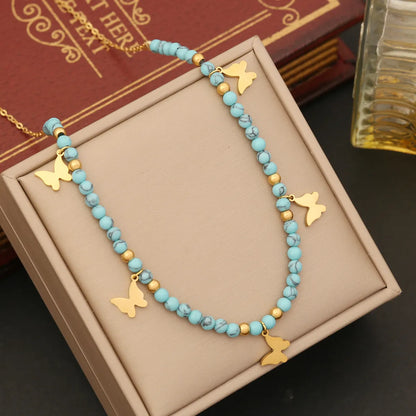 Stainless Steel Turquoise 18K Gold Plated Bohemian Beaded Star Eye Butterfly Pendant Necklace