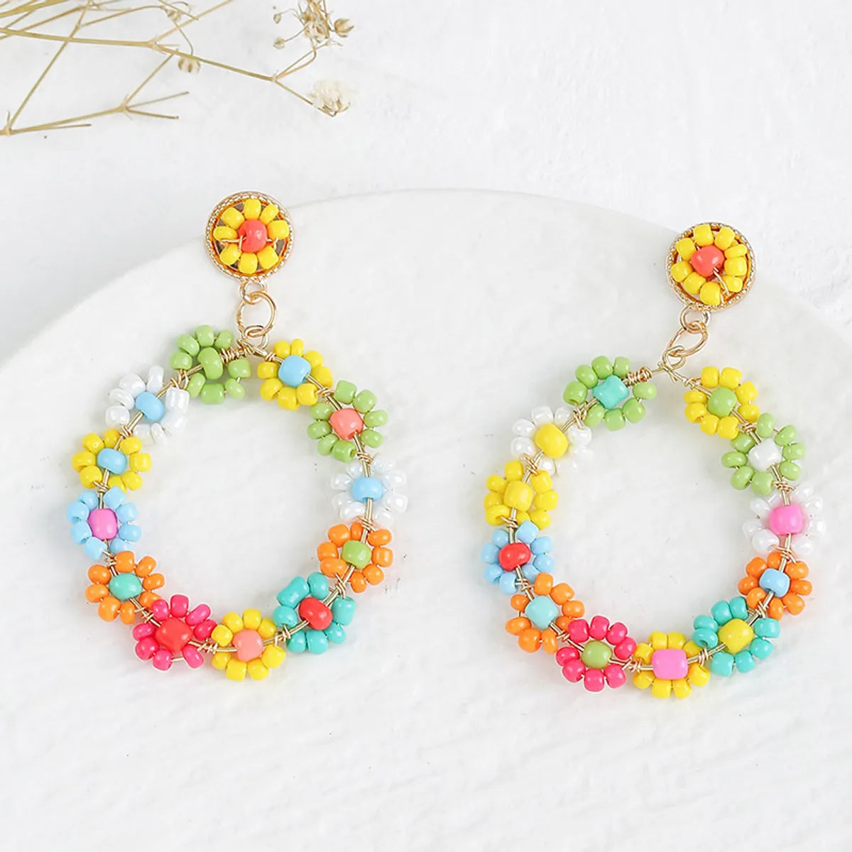 Bohemian Style Geometric Round Handmade Flower Rice Bead Woven Earrings