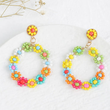 Bohemian Style Geometric Round Handmade Flower Rice Bead Woven Earrings