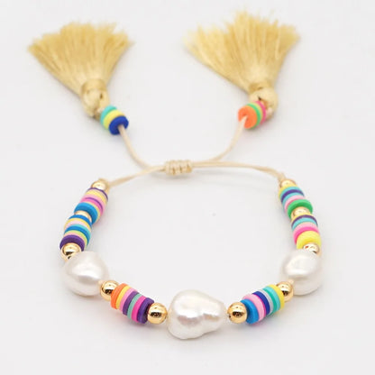 Bohemian Style Natural Pearl Rice Bead Woven Colorful Soft  Drawstring Tassel Bracelet For Women