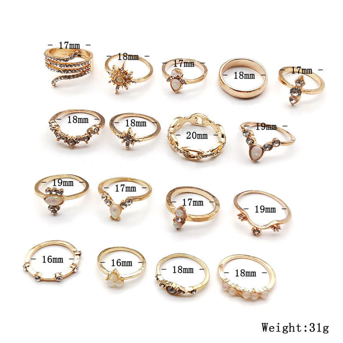 Bohemian Sun Wave Geometric Diamond 17-piece Set Ring