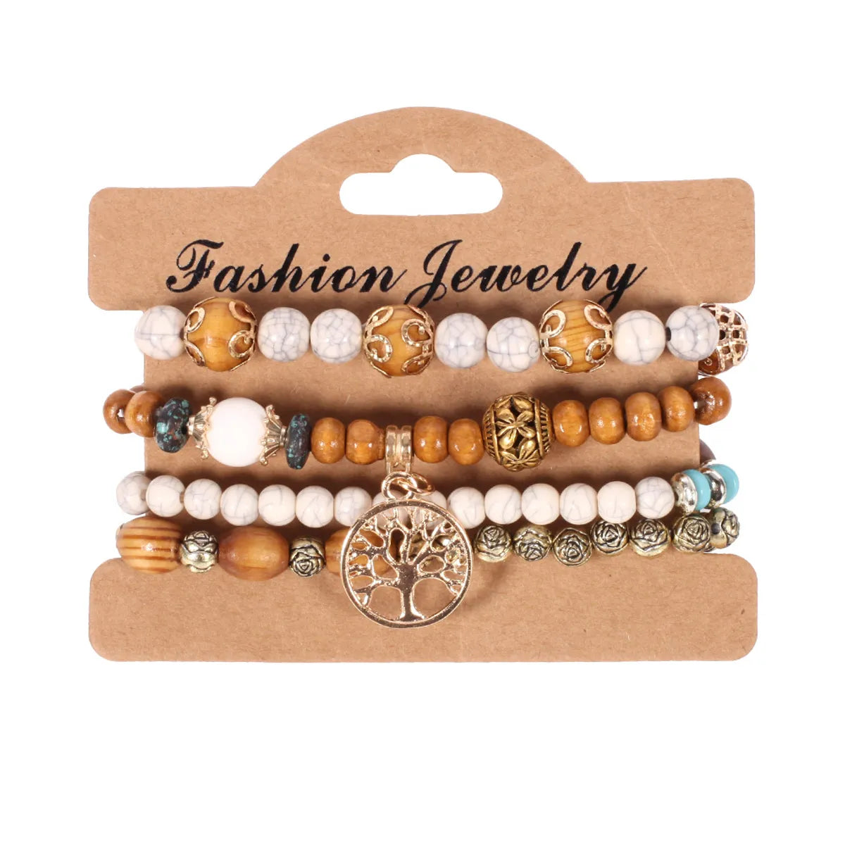 Bohemian Tree Flower Alloy Wooden Beads Charm Women's Bracelets