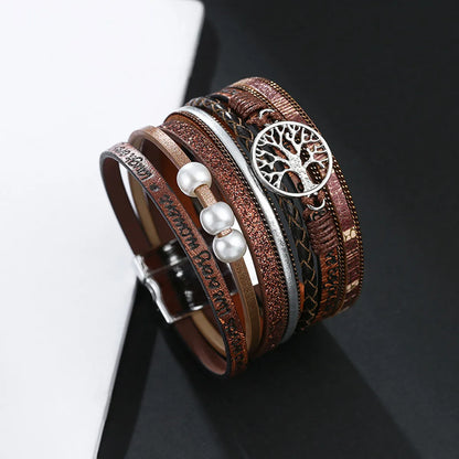 Bohemian Tree Pu Leather Alloy Braid Artificial Pearls Women's Bracelets