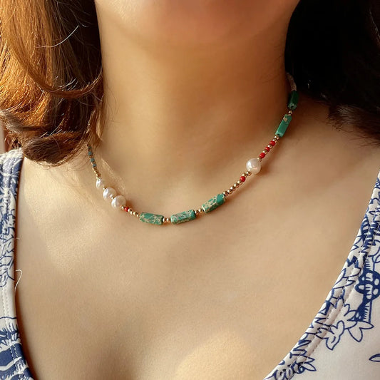 Boho Pearl Necklace Female Summer Agate Green Semi-precious Stone Necklace