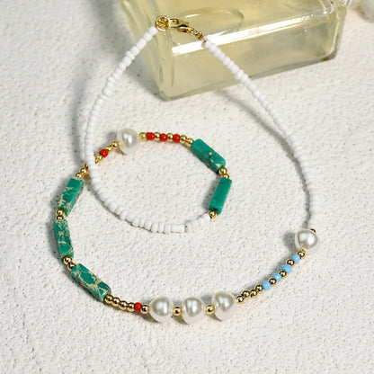 Boho Pearl Necklace Female Summer Agate Green Semi-precious Stone Necklace