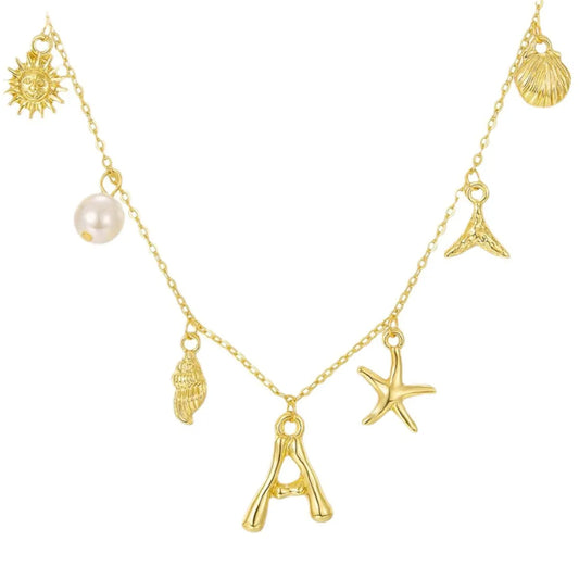 Brass 14K Gold Plated Pearl Letter Star Conch Pendant Necklace