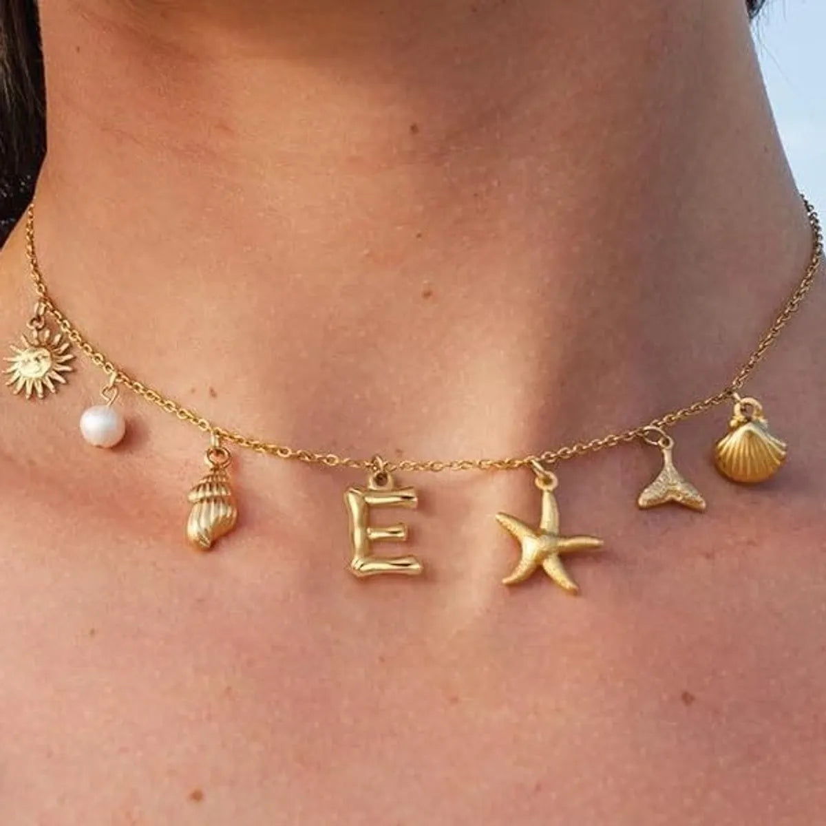 Brass 14K Gold Plated Pearl Letter Star Conch Pendant Necklace