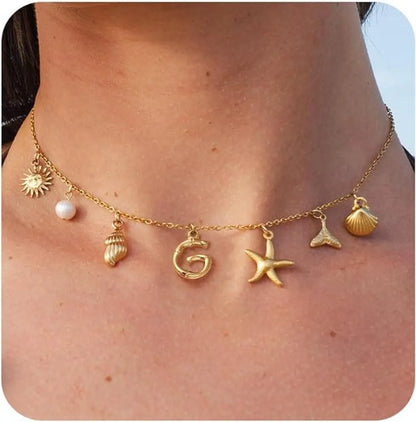 Brass 14K Gold Plated Pearl Letter Star Conch Pendant Necklace