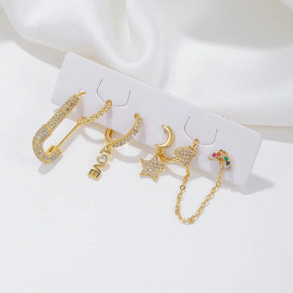 Brass 18K Gold Plated Chain Inlay Love Star Mushroom Zircon Earrings