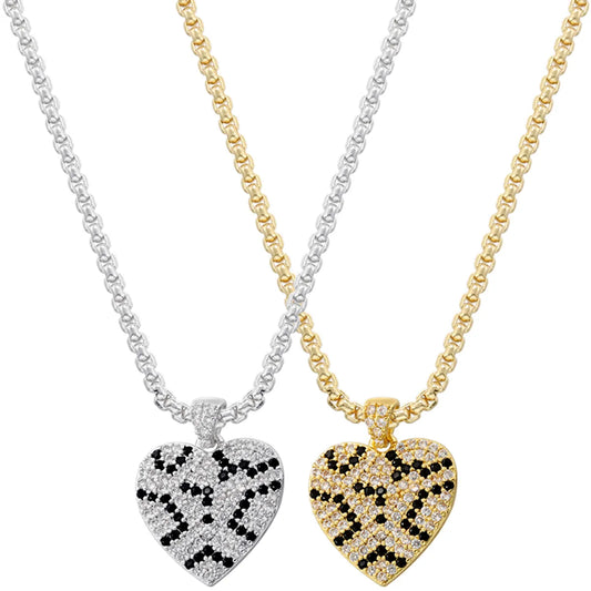 Brass 18K Gold Plated Elegant Hip-Hop Luxurious Heart Shape Leopard Inlay Zircon Pendant Necklace