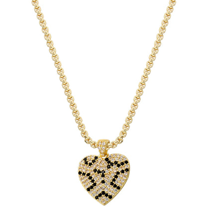 Brass 18K Gold Plated Elegant Hip-Hop Luxurious Heart Shape Leopard Inlay Zircon Pendant Necklace