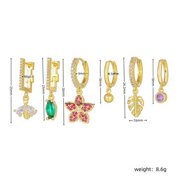 Brass 18K Gold Plated Plating Inlay Leaves Flower Bee Zircon Drop Earrings