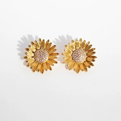 Brass 24K Gold Plated Inlay Daisy Zircon Ear Studs