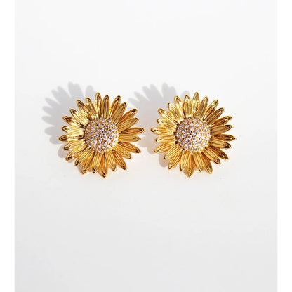 Brass 24K Gold Plated Inlay Daisy Zircon Ear Studs