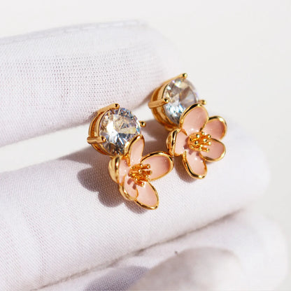 Brass 24K Gold Plated Inlay Floral Zircon Drop Earrings