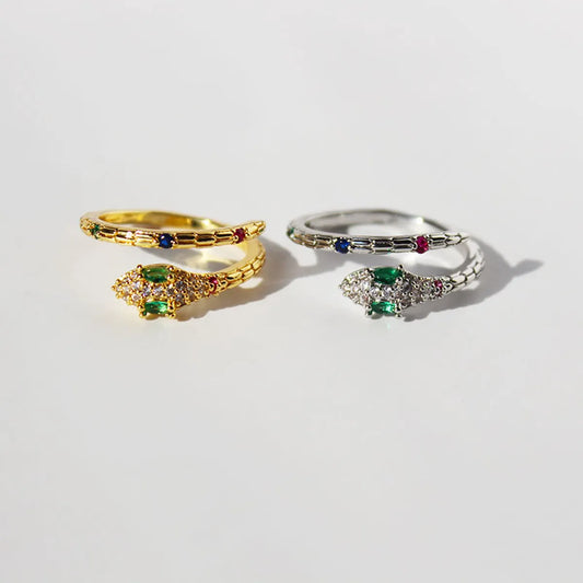 Brass 24K Gold Plated Plating Inlay Snake Zircon Rings